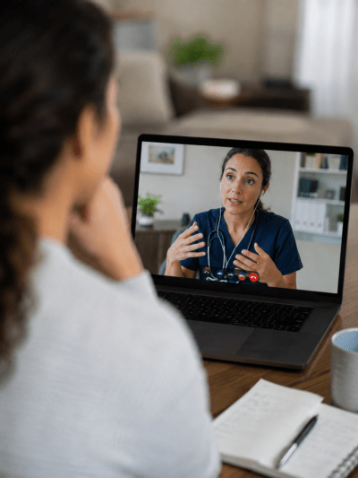 Patient participating in a telehealth appointment from home, viewed over the shoulder, with the doctor in navy scrubs in sharp focus on the laptop screen.