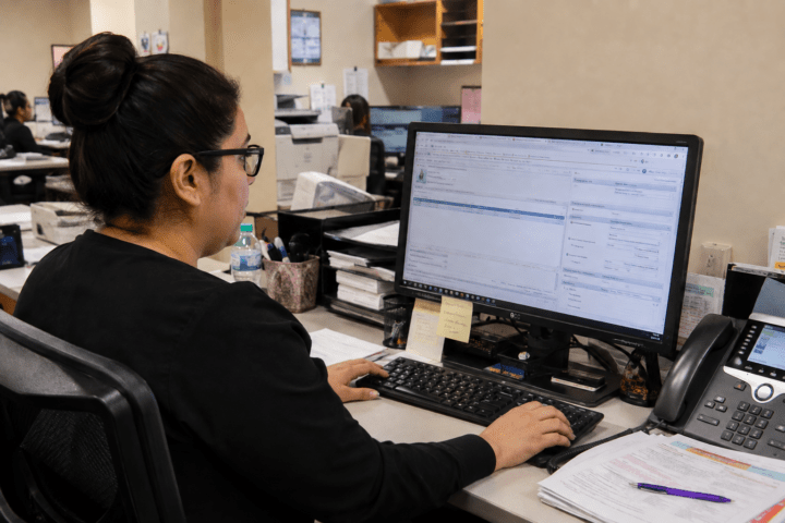 Candid photo of a medical billing officer working at a computer in a doctor’s office back office, with paperwork, a phone, and a mouse beside the keyboard.
