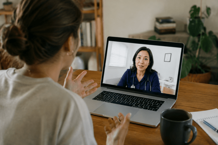Patient gesturing while speaking with a doctor during a telehealth video visit on a laptop from home.