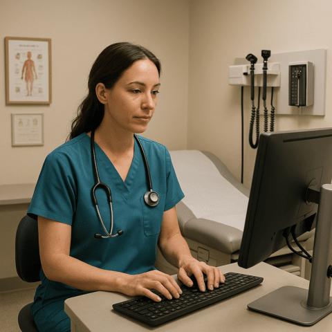 A female Doctor in scrubs working on a computer