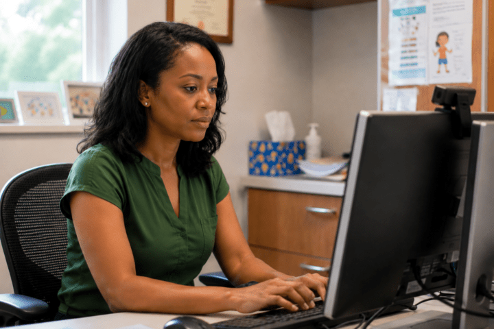 a black female pediatrician in a green shirt working at a computer in an exam room