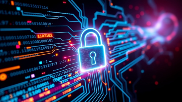 A glowing digital lock surrounded by streams of binary code and data points, symbolizing cybersecurity