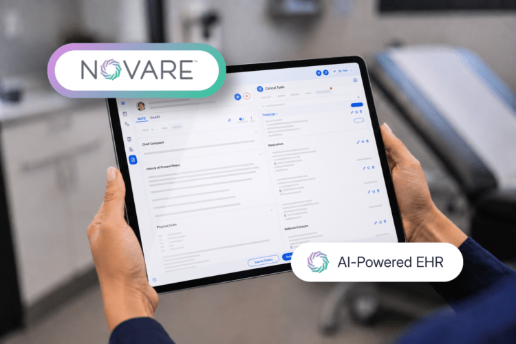 2 hands holding a tablet screen with an EHR user interface showing. A Novare logo in the upper left corner and a white shape with the words "AI-powered EHR" on it in the lower right corner