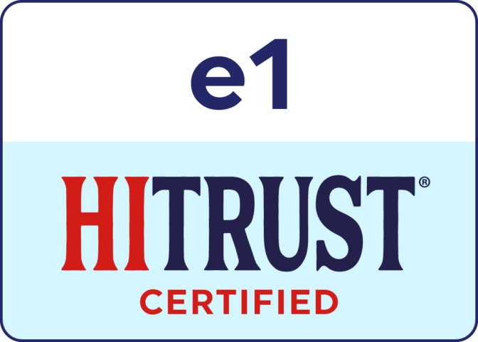 a blue and white logo with e1 and HITRUST certified written on it