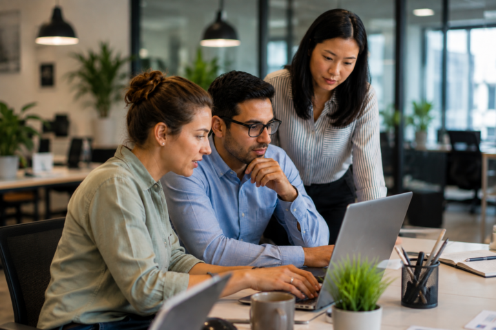 Three colleagues collaborate around a laptop in a bright, modern office, focused on the screen as they work together at a shared desk.