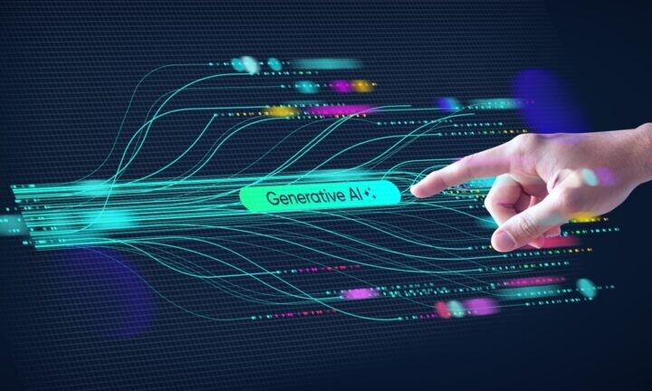 glowing lines with a block that says Generative AI on it. A hand reaches in from the right side pointing to the block