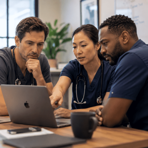 3 doctors around a desk with a laptop, one male with brown hair, one asian female and one black male. They are all wearing dark scrubs. The female doctor is pointing to the laptop computer screen