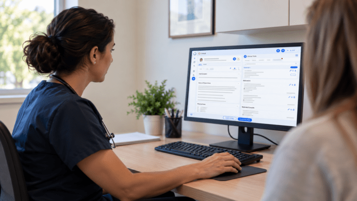 Clinician in navy scrubs reviews a clinical care interface on a desktop monitor while seated with a patient in a bright, modern medical office.