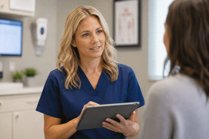 Blonde female doctor using a tablet in an exam room