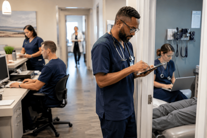 Doctors using technology in a clinical setting