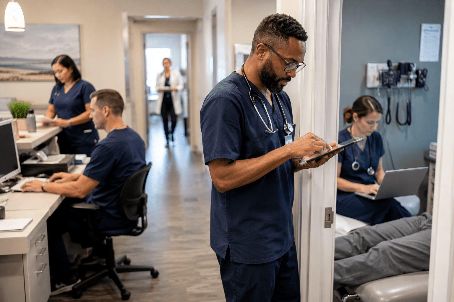 Doctors using technology in a clinical setting