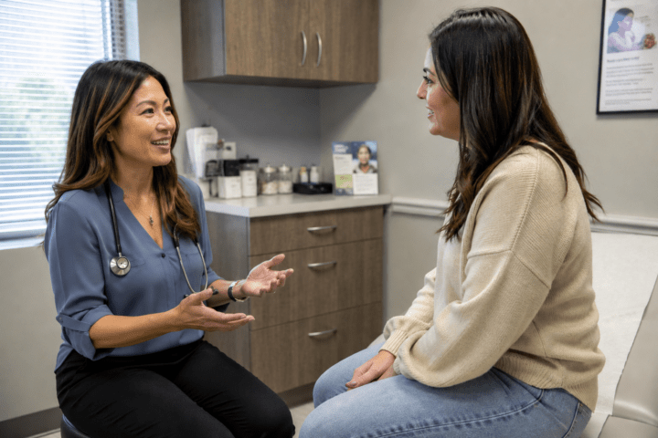 a female doctor in a blue shirt with a stethoscope talking to a female patient in a white shirt on an exam table. They are in a well-lit exam room