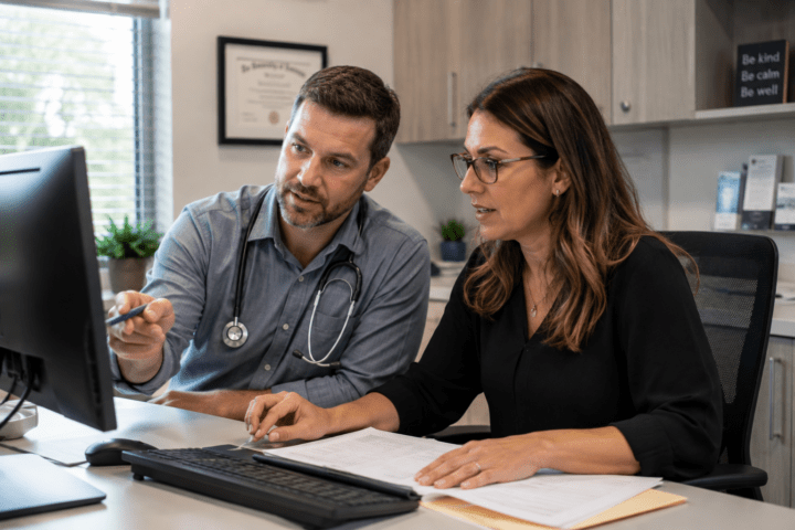 medical coding expert with a doctor at adesk. they are reviewing information on a computer screen in a well-lit doctor's office