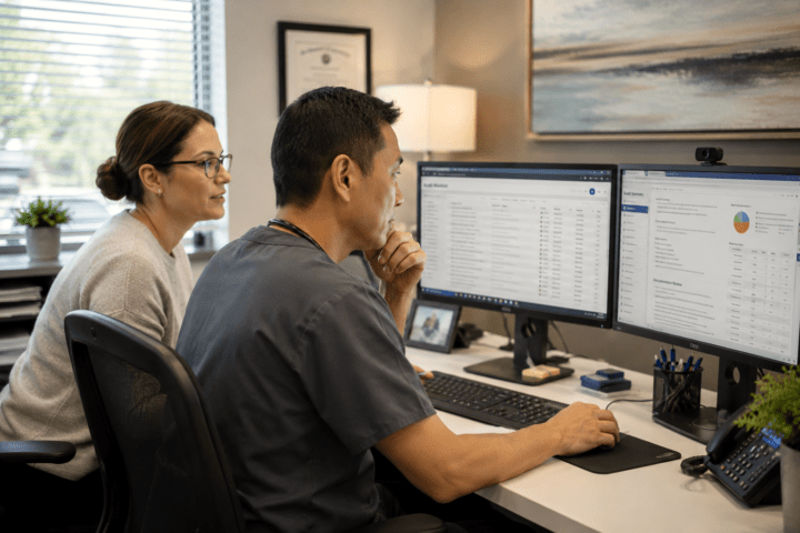 A doctor in scrubs and a medical coding auditor review information together on two side-by-side computer monitors in a bright, modern office workspace.