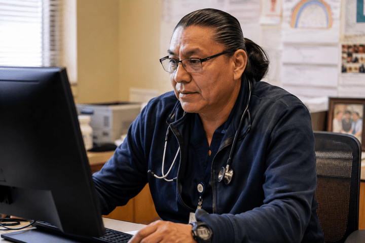 Doctor using a computer in an office