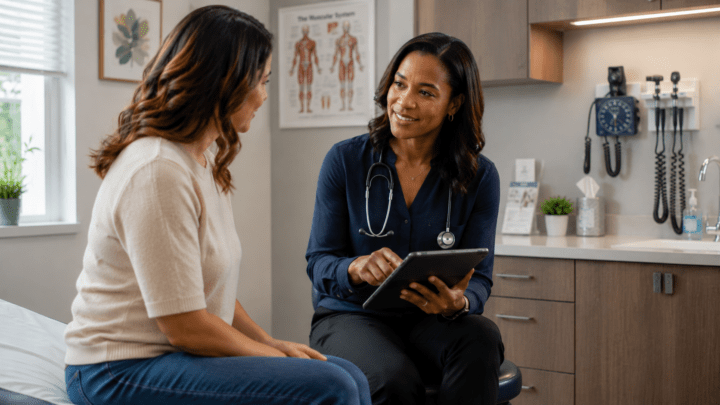 a female doctor and patient talking in an exam room