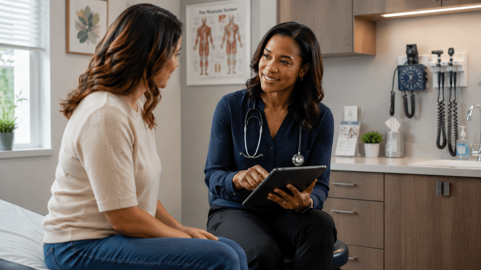 a female doctor and patient talking in an exam room