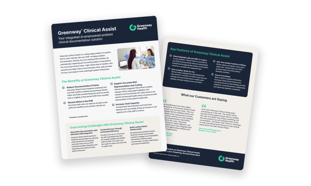 2 pages of the greenway clinical assist brochure