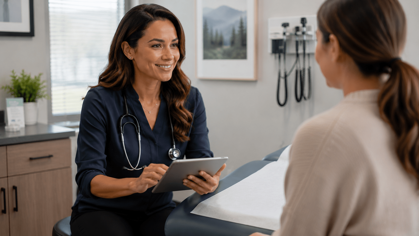 a female doctor with dark hair talking to a patient in an exam room while using a tablet