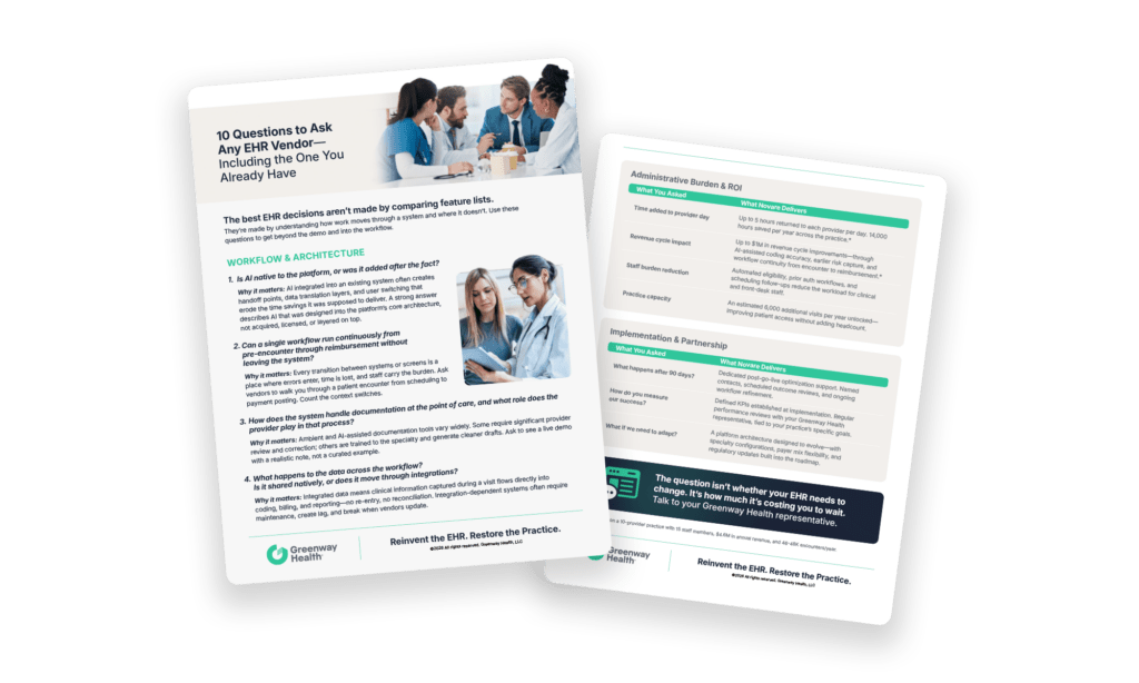2 pages of a PDF document checklist for questions to ask an EHR vendor