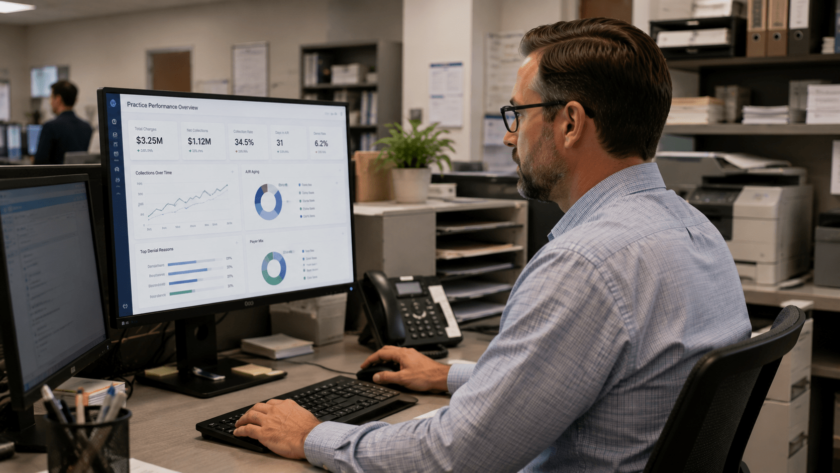 Man in dress shirt reviewing real-time data on a computer screen in the backoffice of a doctor's office