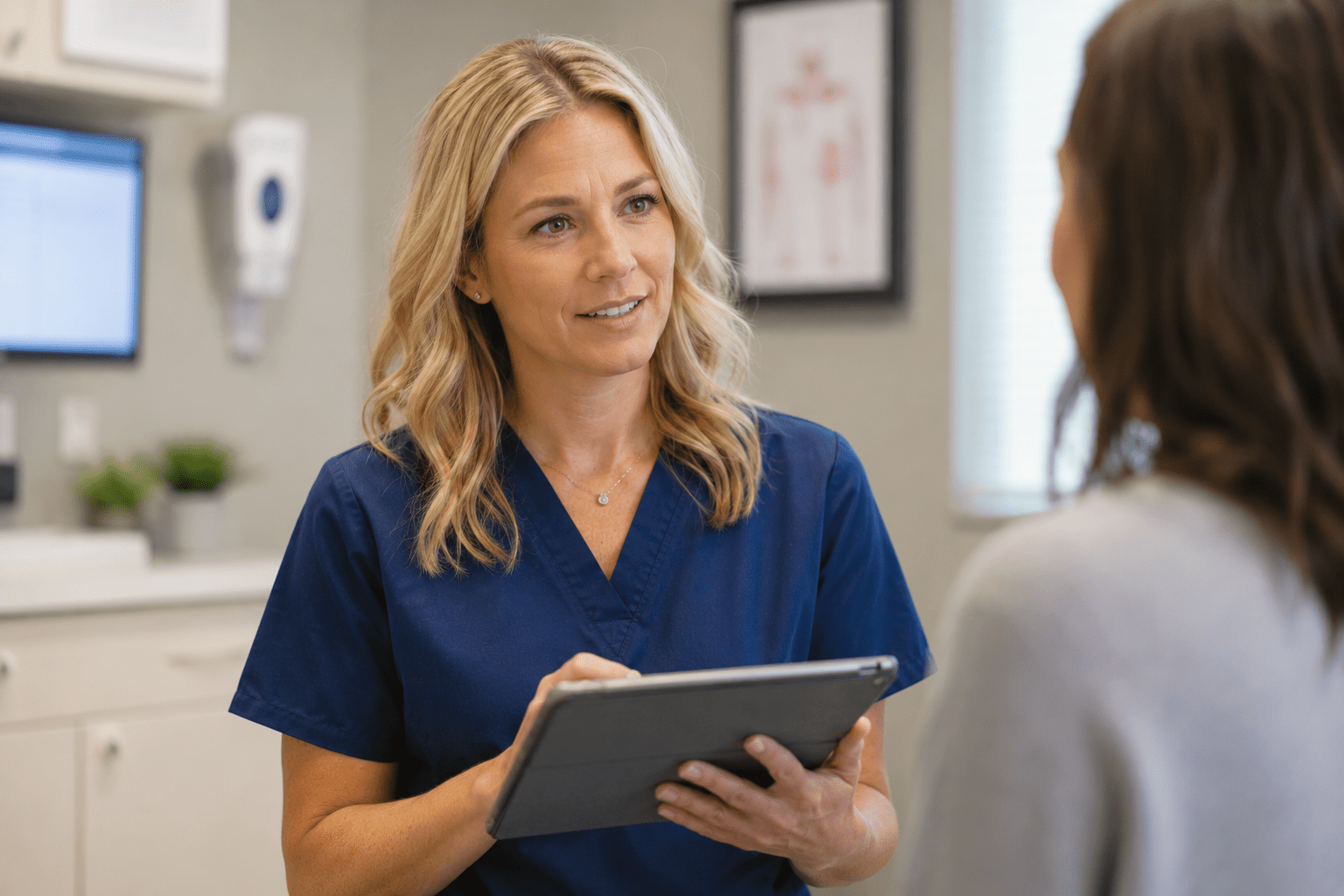 Blonde female doctor using a tablet in an exam room