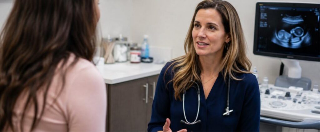 OB-GYN EHR clinician discussing care with a patient in an exam room