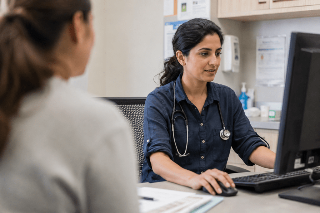 Doctor using a desktop computer in a modern exam room while speaking with a patient, who appears softly out of focus in the foreground.