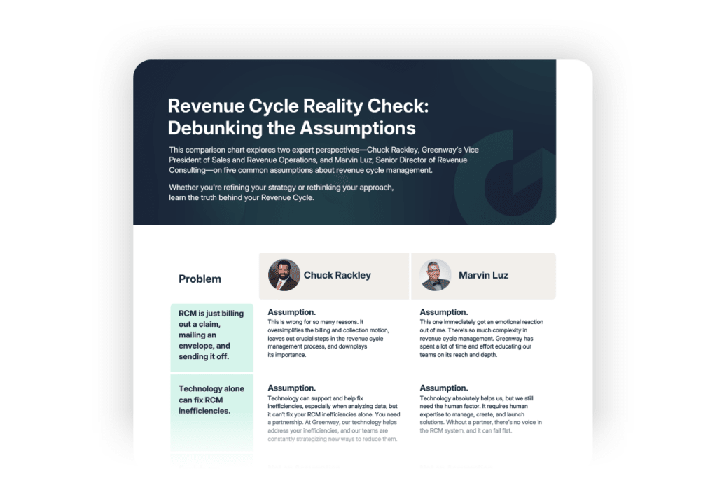 top half of a document with a blue box that says Revenue Cycle Reality Check: Debunking the Assumptions