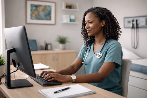Black female doctor using a desktop computer