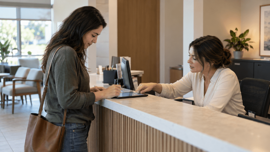 A patient uses a stylus to complete intake on a tablet at a doctor’s office front desk while a receptionist points to the screen. Waiting-room chairs and natural light are visible in the background.