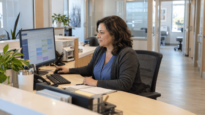 woman reviews a scheduling calendar on a desktop computer at a reception workstation in a bright, modern medical practice, with exam rooms visible down the hallway.