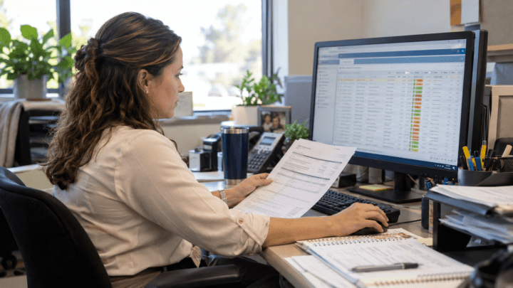 An office professional reviews a printed claim document while using a computer displaying a claims queue with colored status indicators in a naturally lit office.
