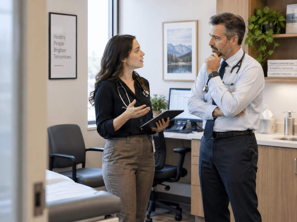 Two doctors in professional dress clothes stand in a modern clinic office, having a candid conversation while one holds a tablet.